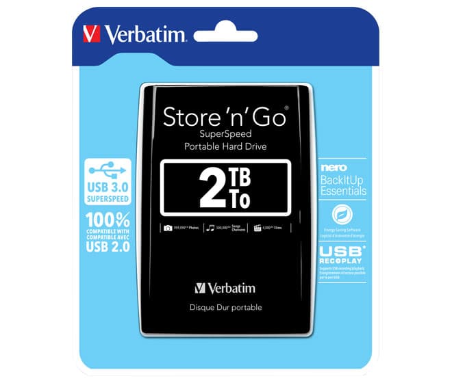Disque dur Verbatim 2 To, USB 3.0, 6,35 cm (2,5''), noir Store'n'Go, Portable, Logiciel Nero Backup, Retail