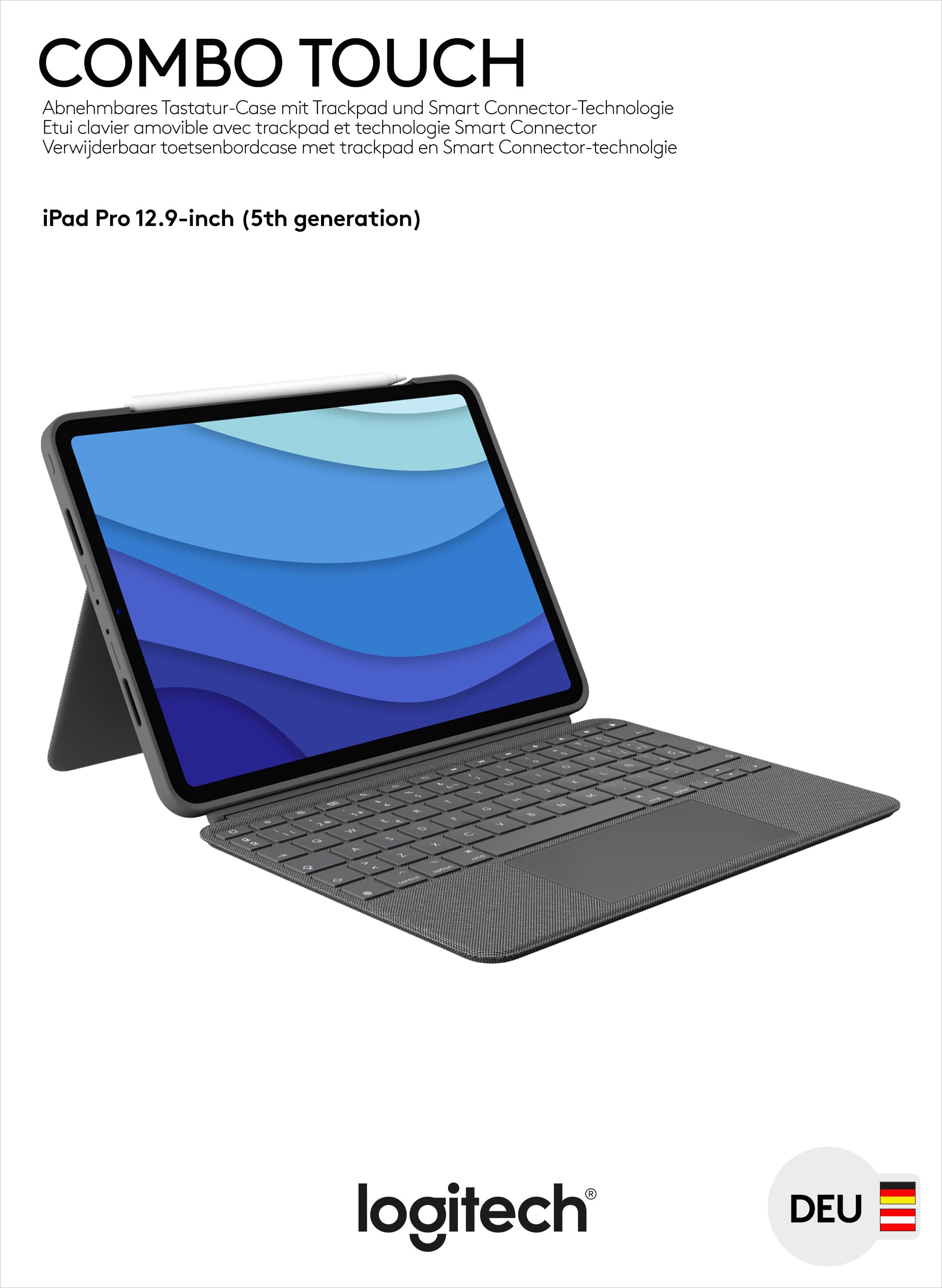 Logitech Keyboard Combo Touch, Smart Connector, gris pour Apple iPad Pro 12.9", Gen.5/6, Trackpad, DE, Vente au détail