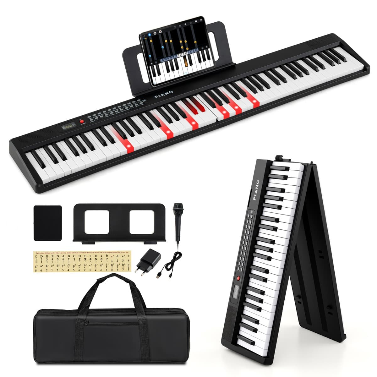 CostwayClavier de Piano à 88 Touches Clavier Électronique Pliable de Taille Standard avec Fonctions de Division 3 Modes d'Enseignement Noir